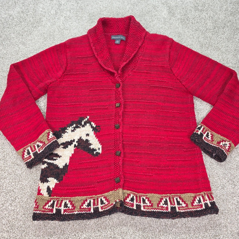 Northern Isles Red Horse Intarsia Shawl Cardigan Sweater Ramie Cotton Womens M